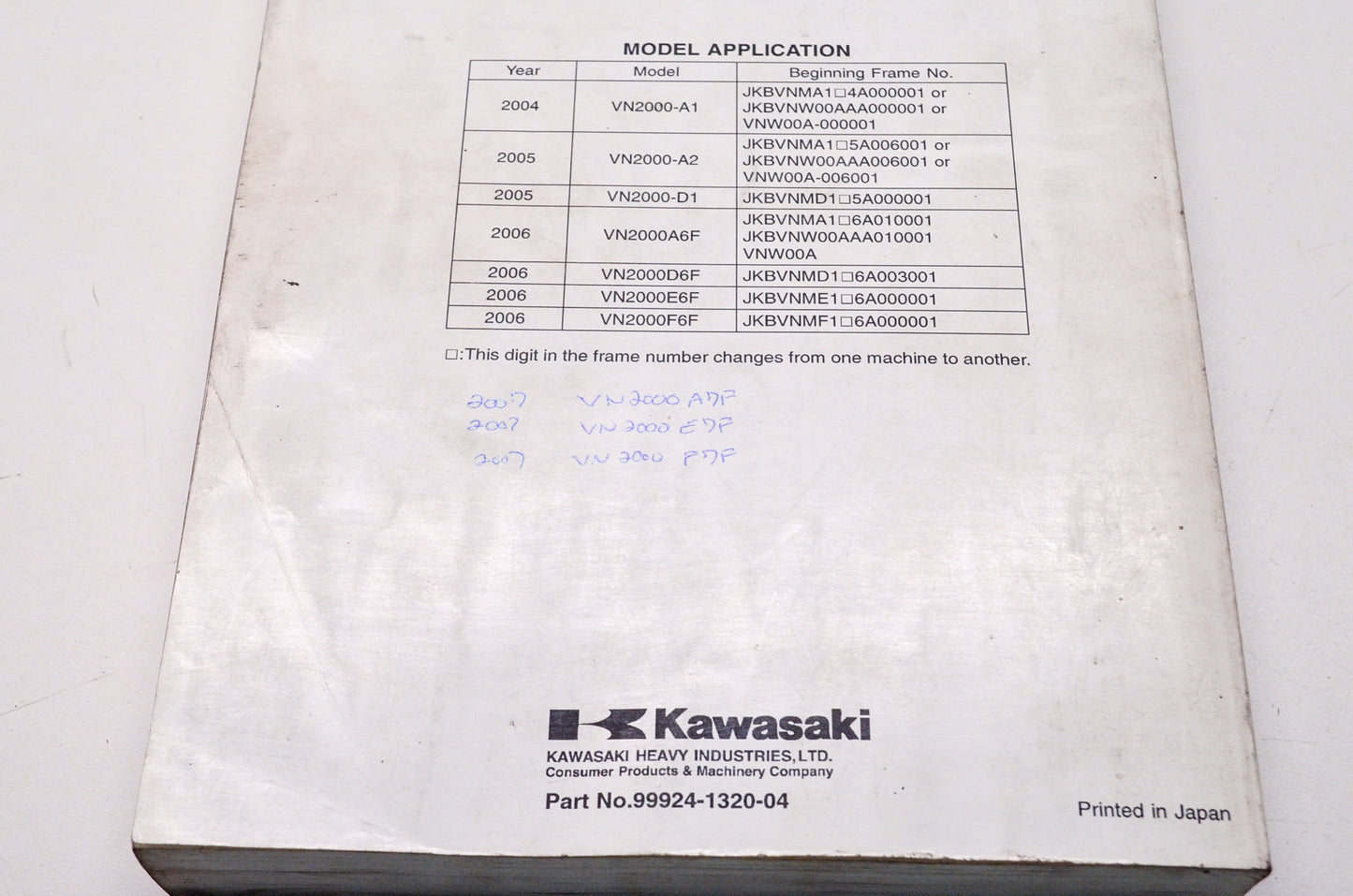 OEM Kawasaki 99924-1320-04 Service Manual VN2000A/D/E/F
