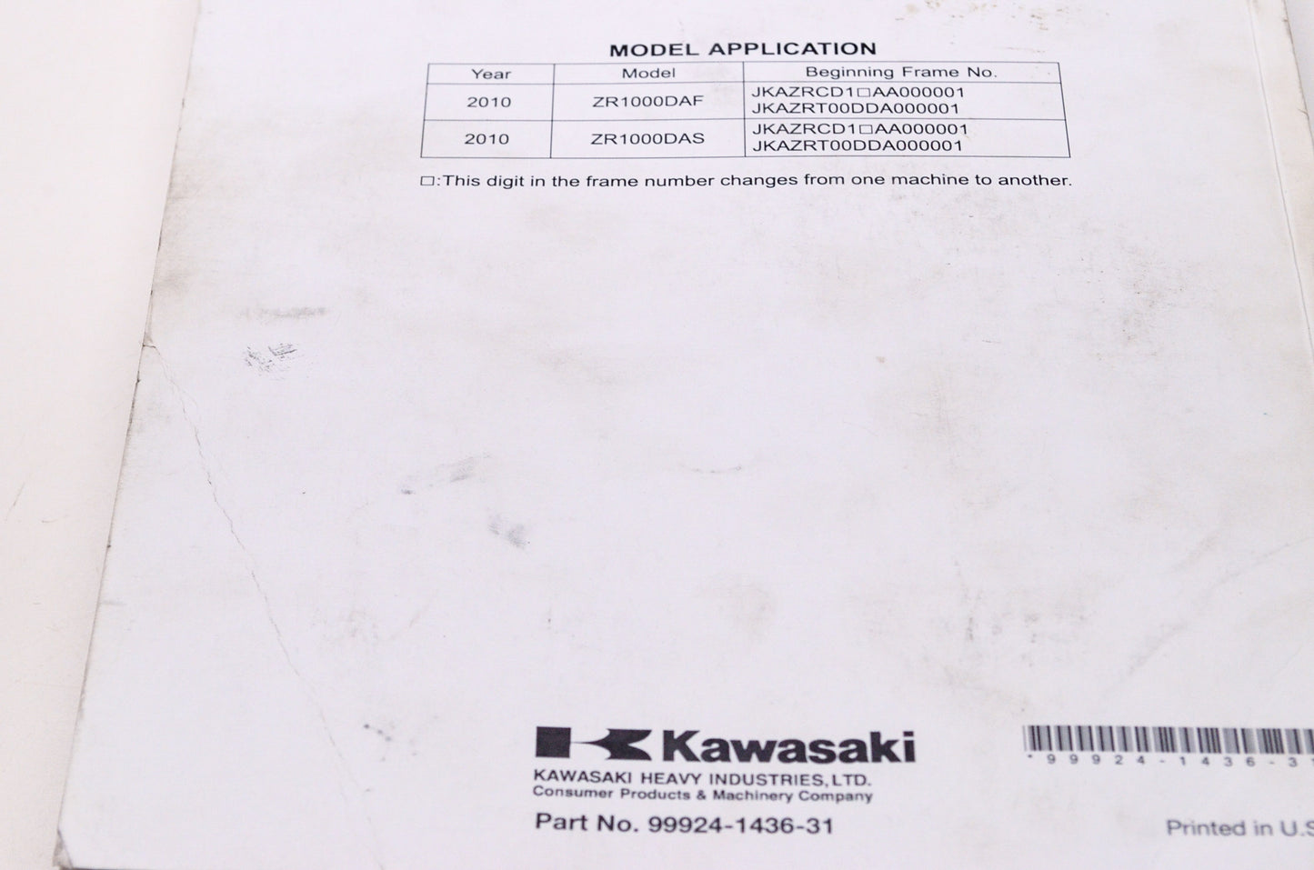 OEM Kawasaki 99924-1436-31 Service Manual ZR1000D