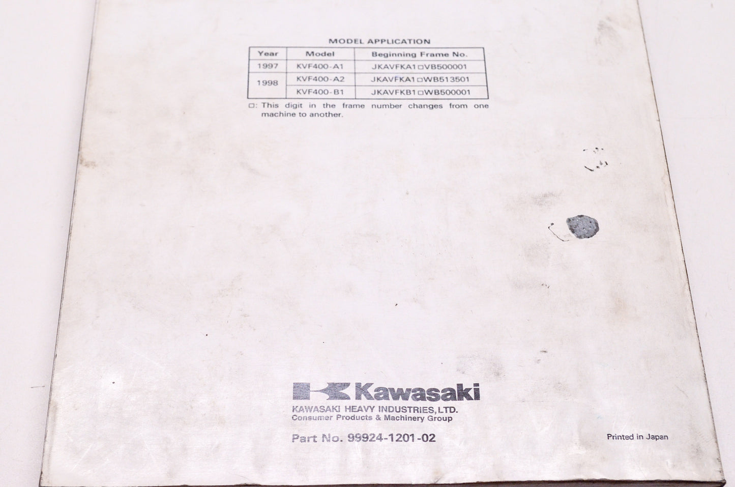 OEM Kawasaki 99924-1201-02 Service Manual KVF400A/B