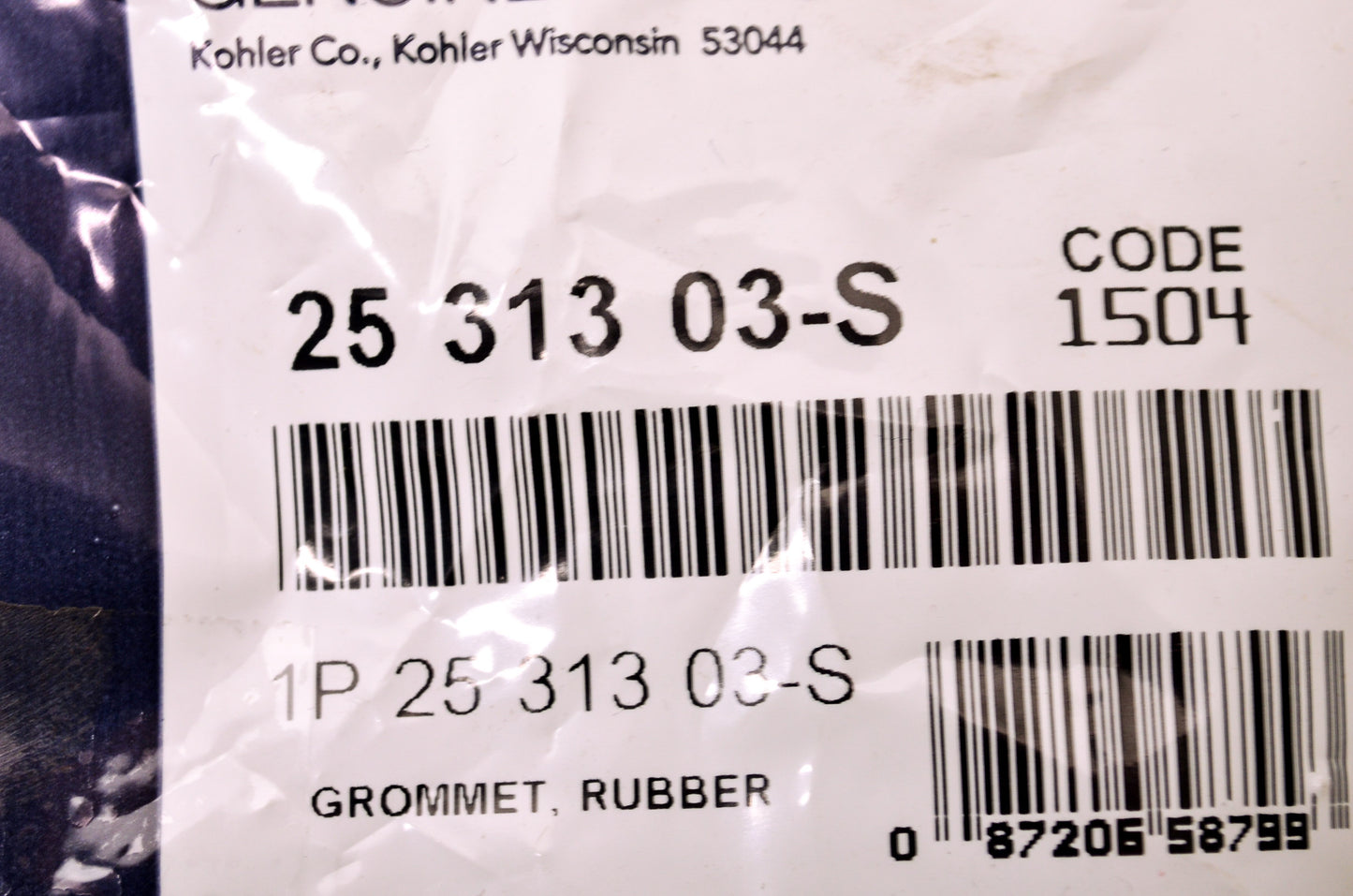New Kohler 25 313 03-S Rubber Grommet NOS