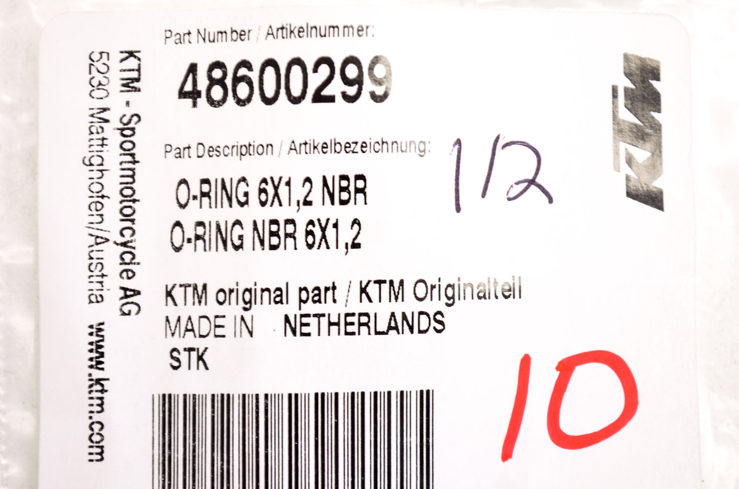 OEM KTM 48600299 O-Ring 6x1.2 NOS