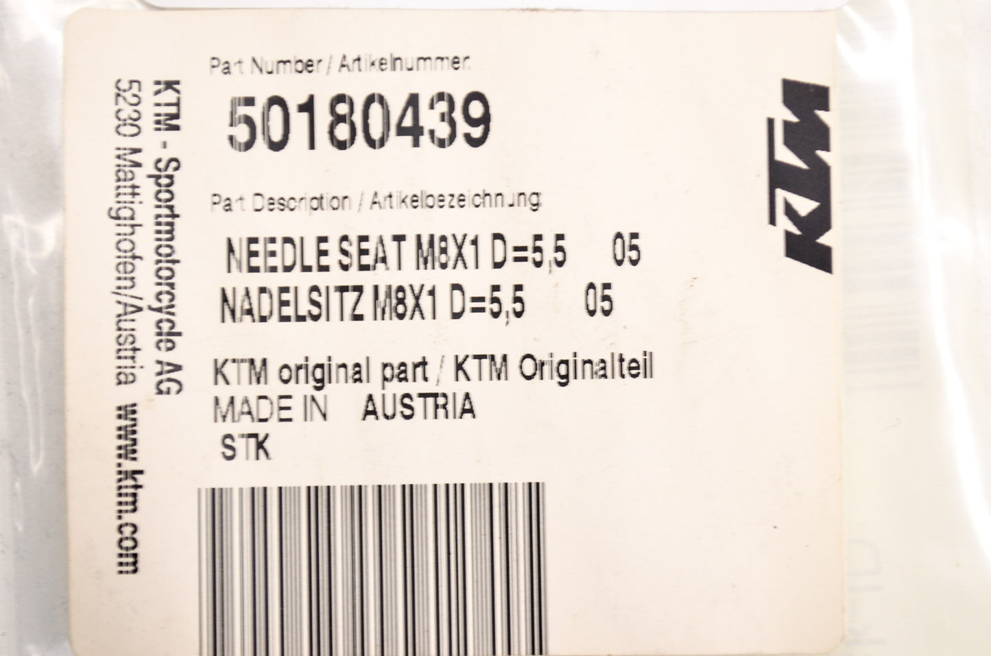 OEM KTM 50180439 Needle Seat M8x1 D 5.5 NOS