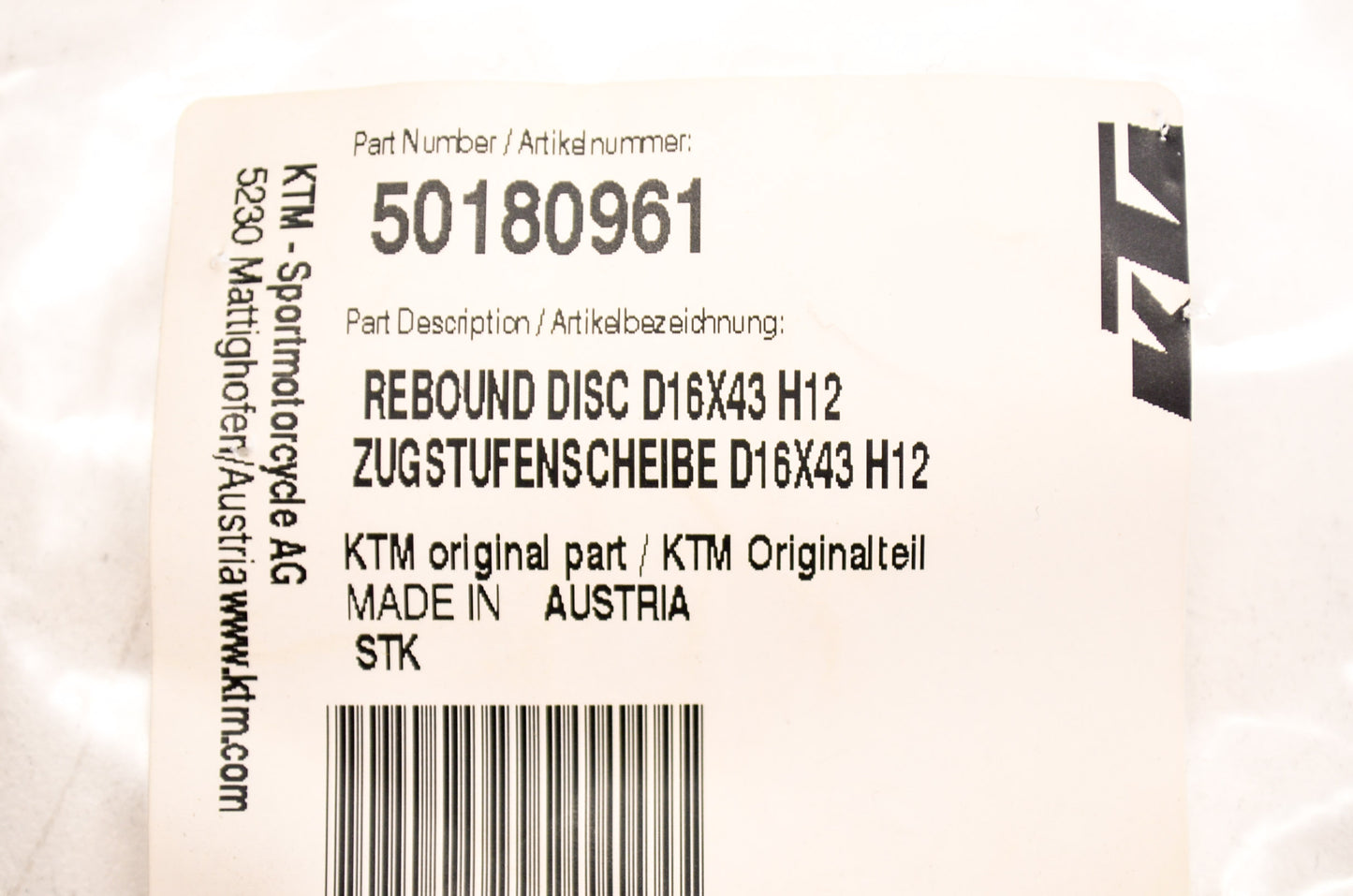 OEM KTM 50180961 Rebound Disc D16x43xH12 NOS