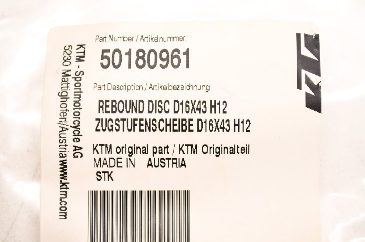 OEM KTM 50180961 Rebound Disc D16x43xH12 NOS