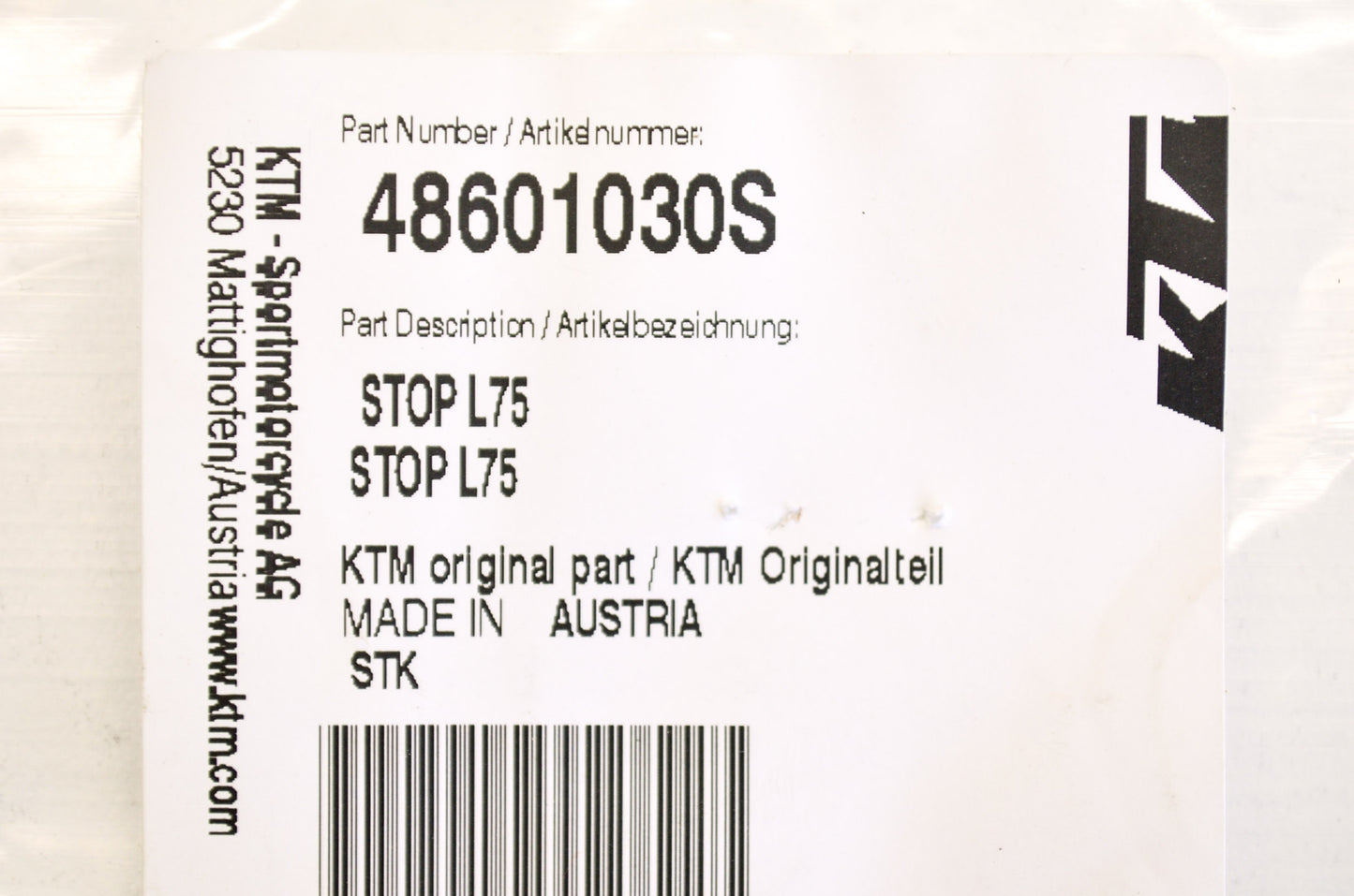 New OEM KTM Front Fork Stop L75 NOS