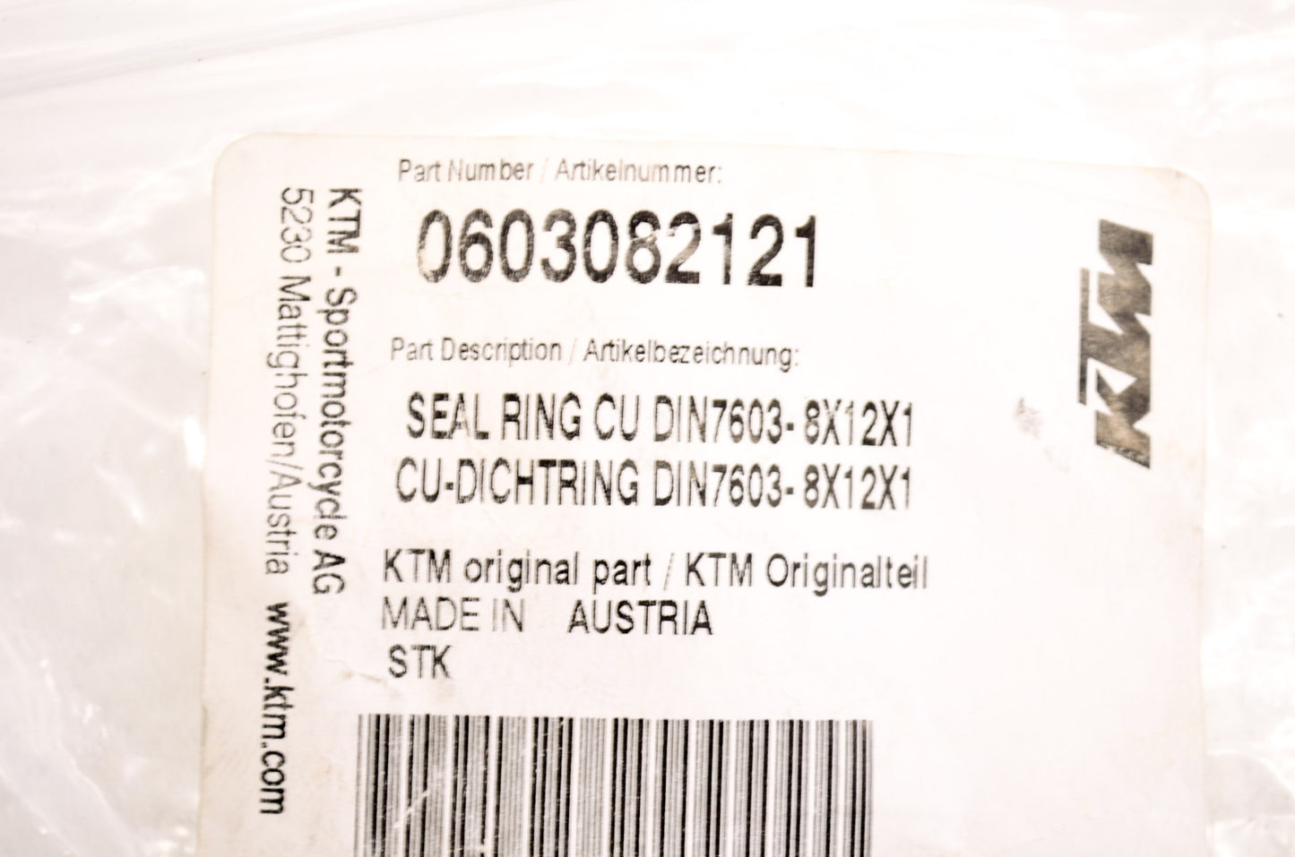OEM KTM 603082121 Seal Ring 8x12x1 NOS