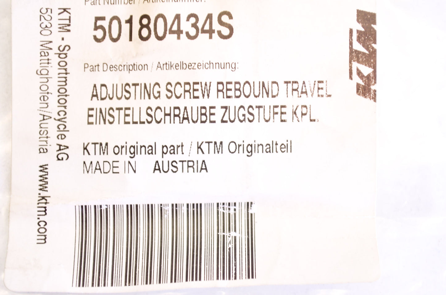 OEM KTM 50180434S Adjusting Screw Rebound Travel NOS