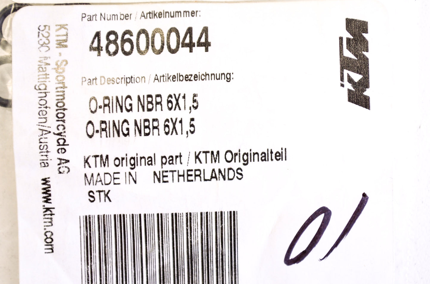 OEM KTM 48600044 O-Ring NBR 6X1.5 Qty 2 NOS
