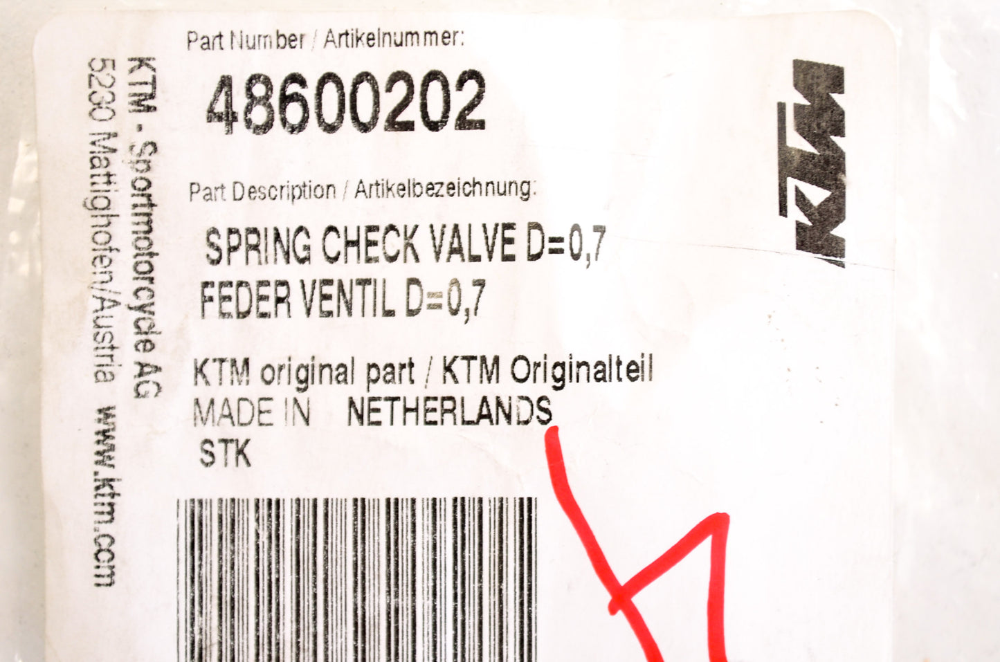 OEM KTM 48600202 Check Valve Spring D=0.7 NOS