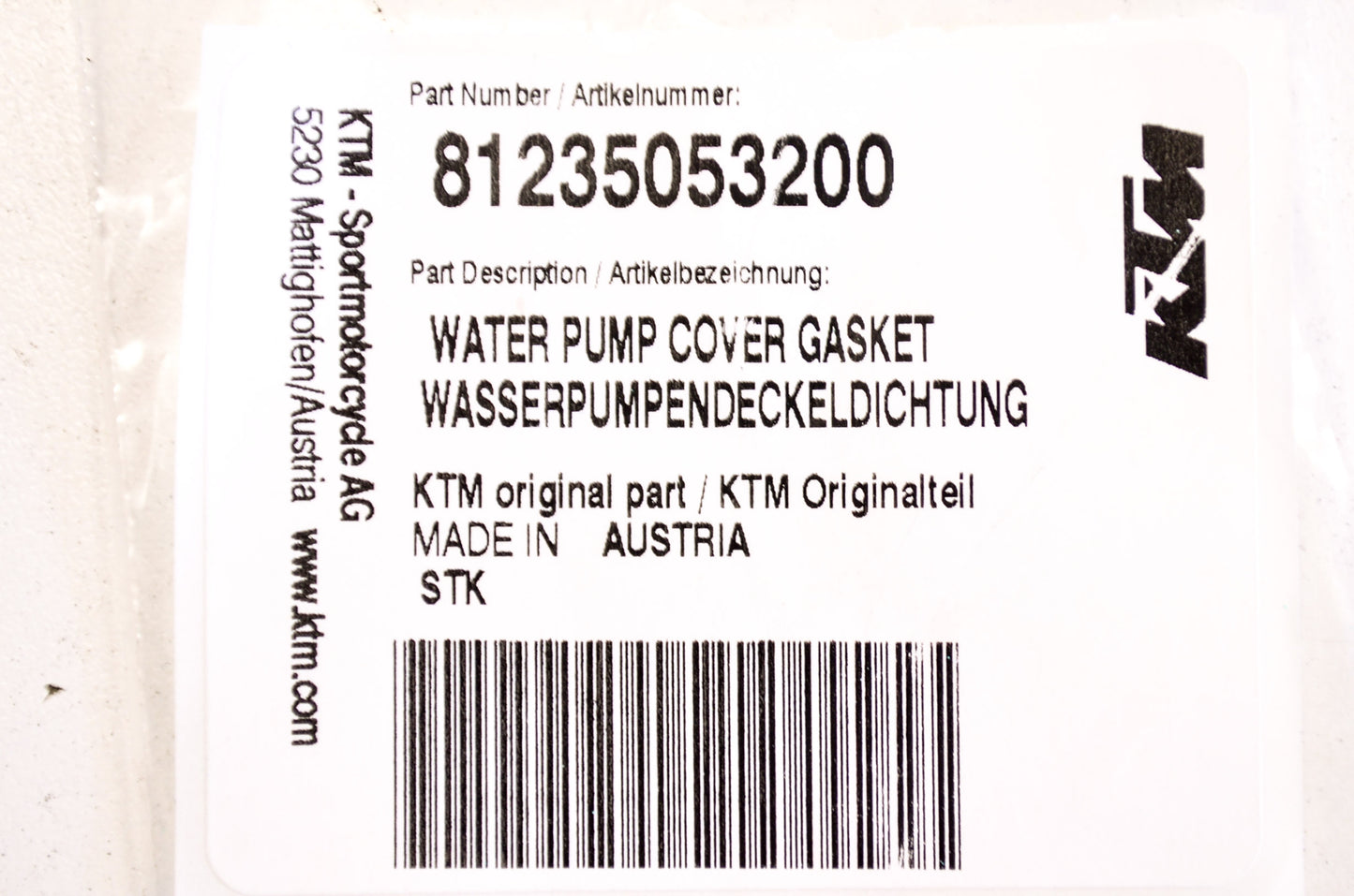 New OEM KTM Water Pump Cover Gasket NOS