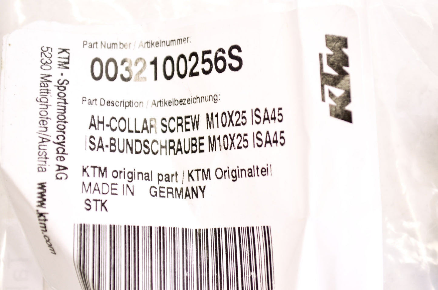 OEM KTM 0032100256S Allen Head Collar Screw M10X25 ISA45 NOS