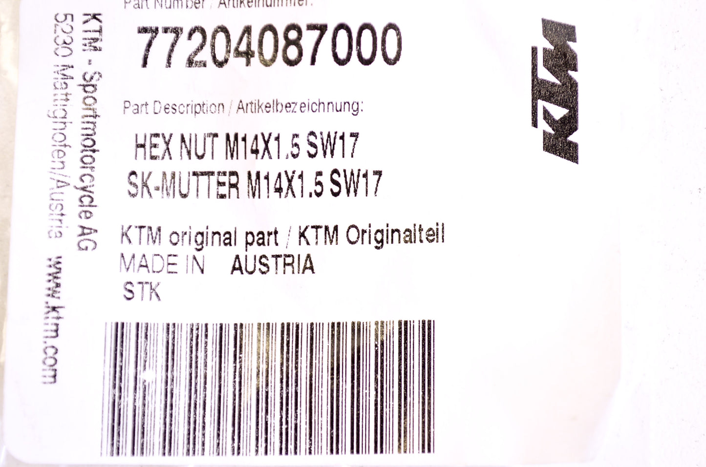 OEM KTM 77204087000 Hex Nut M14X1.5 SW17 NOS