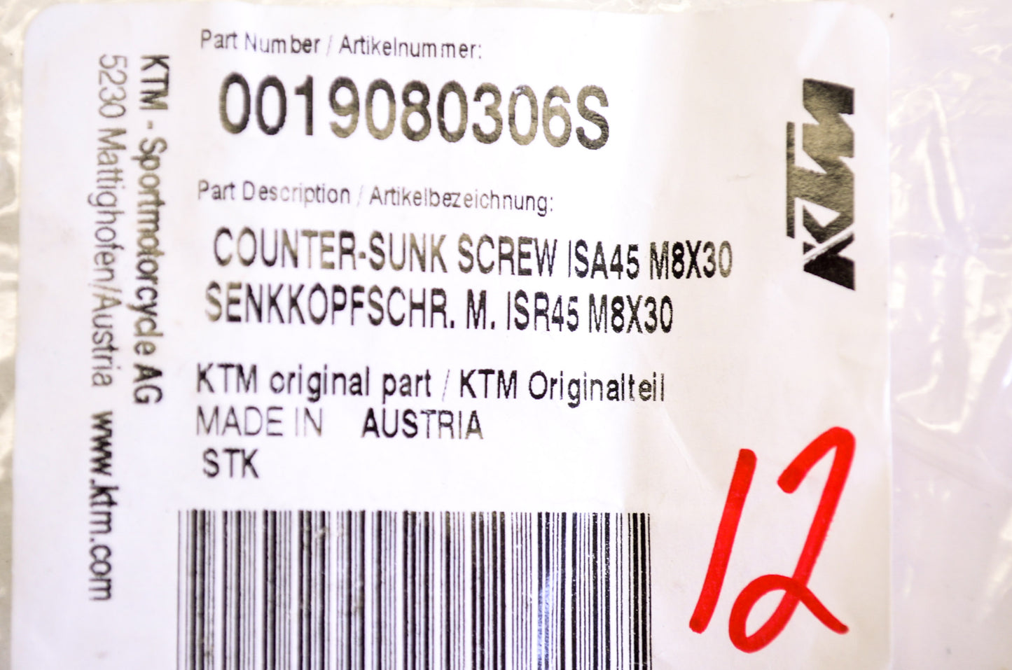 OEM KTM 0019080306S Counter Sunk Screw ISA45 M8X30 NOS