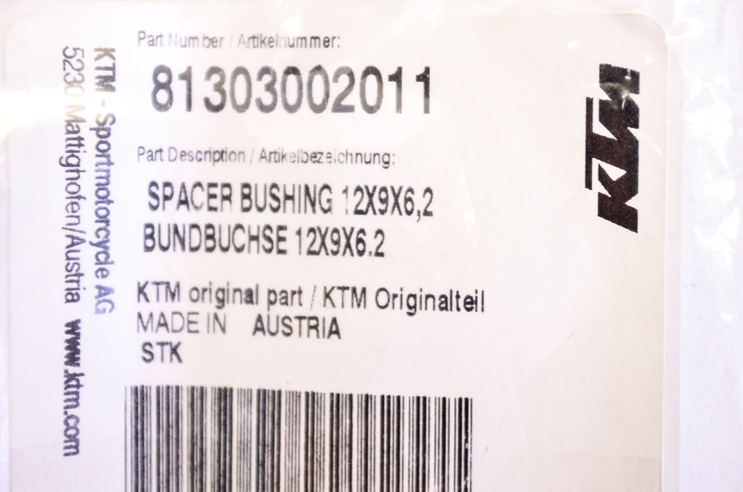 OEM KTM 81303002011 Spacer Bushing 12x9x6.2 NOS