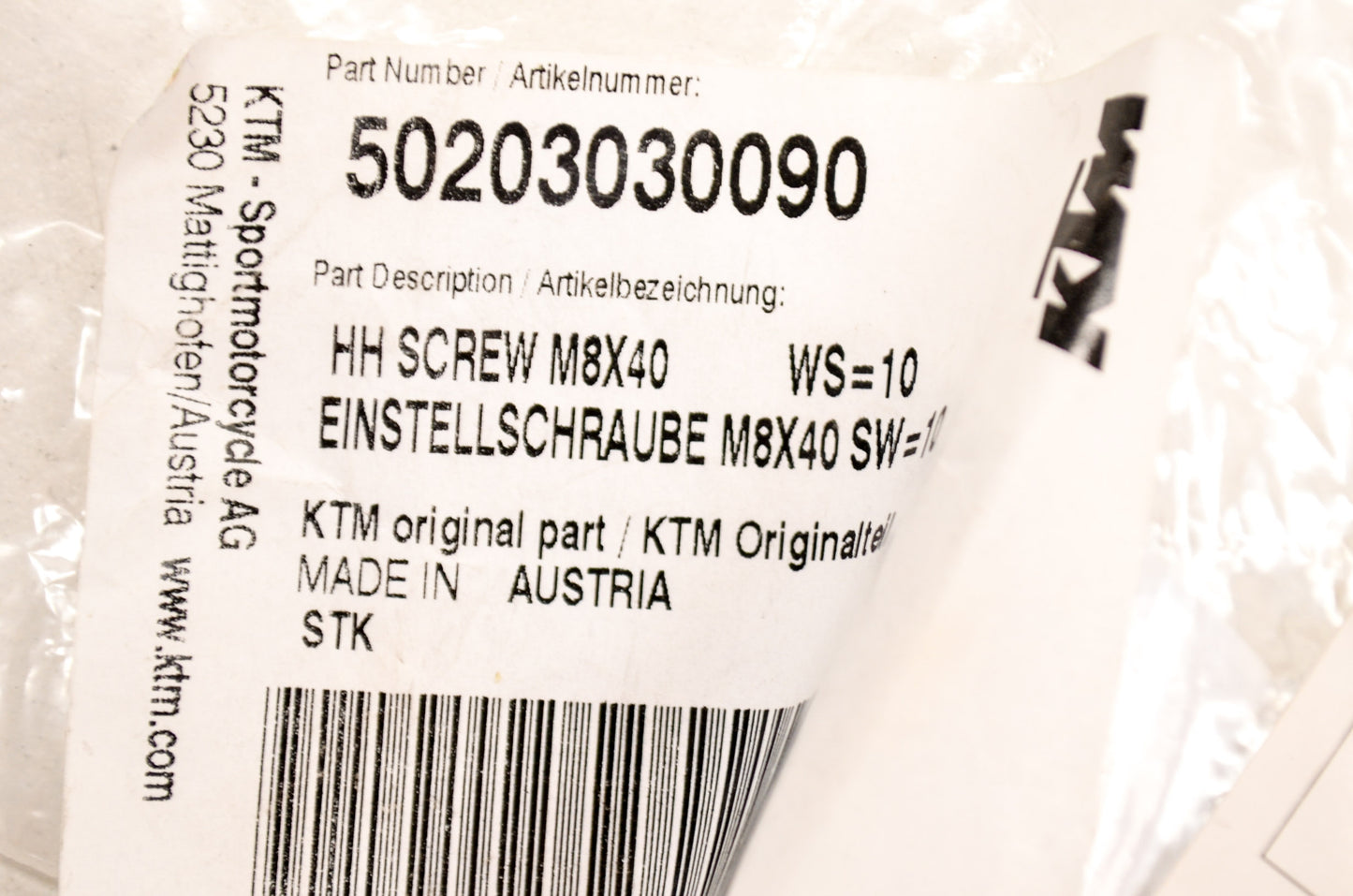 OEM KTM 50203030090 Hex Head Screw 8x40 NOS