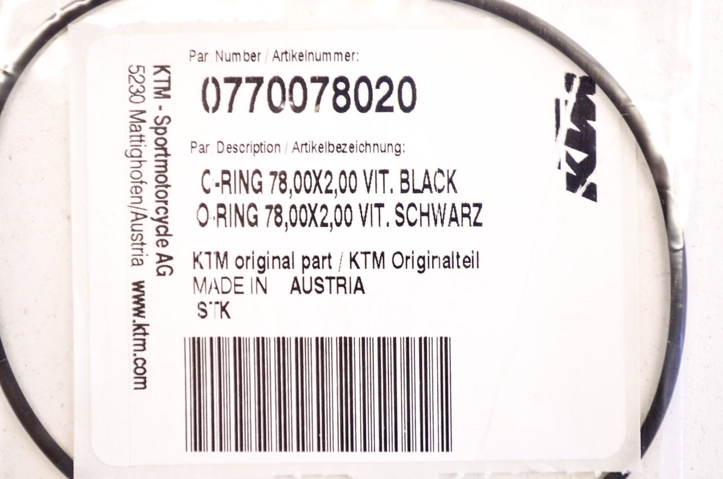 OEM KTM 770078020 Black O-Ring 78.00X2.00 NOS