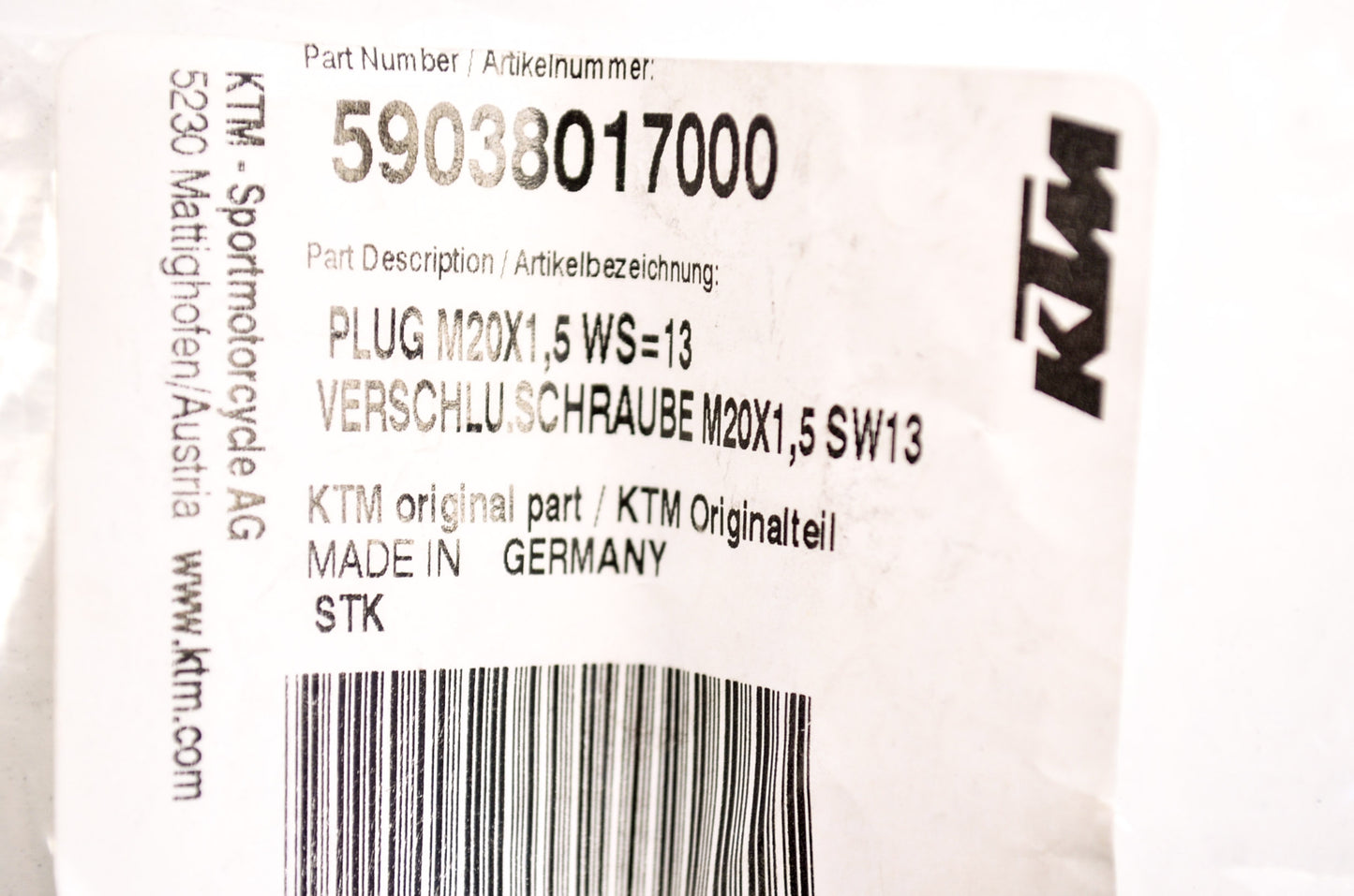 New OEM KTM Filter Plug 20x1.5 NOS