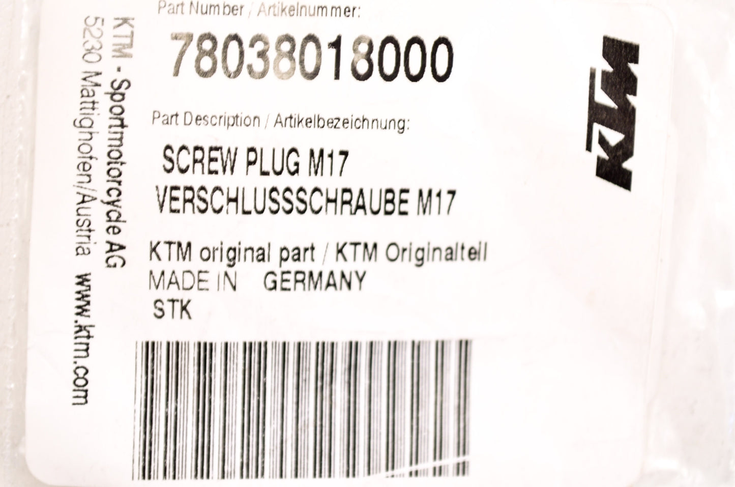 New OEM KTM Screw Plug M17 NOS