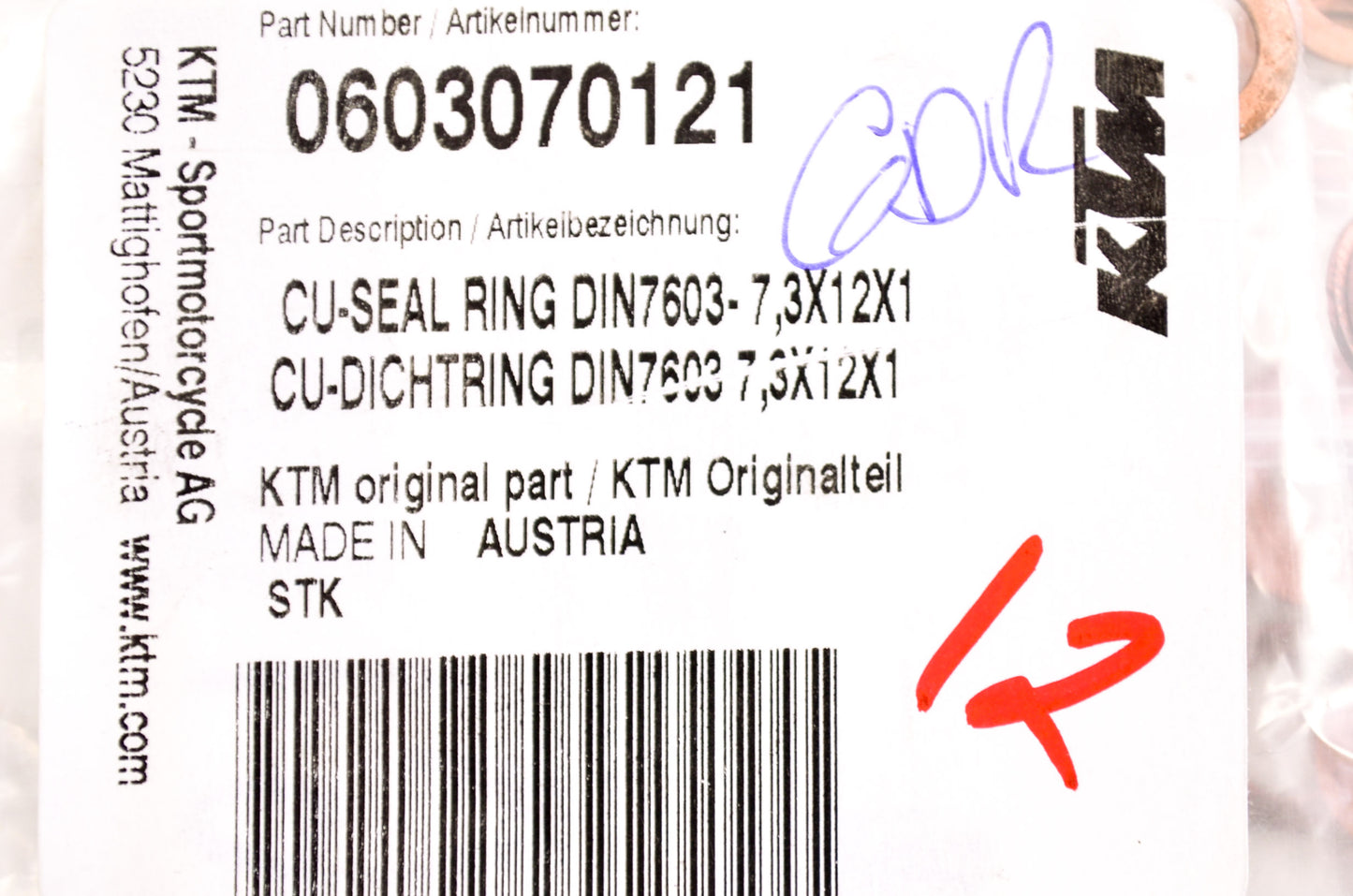 OEM KTM 603070121 Copper Seal RIng DIN7603 7.3X12X1 NOS