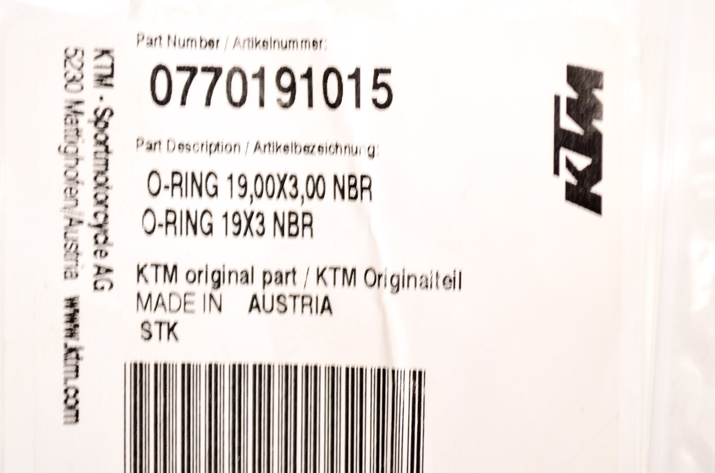 OEM KTM 770191015 O-Ring 19.00X3.00 NBR NOS