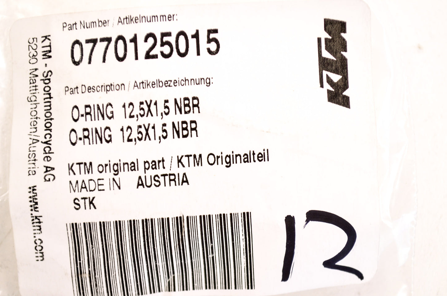 OEM KTM 770125015 O-Ring 12.5X1.5 NBR Qty 2 NOS