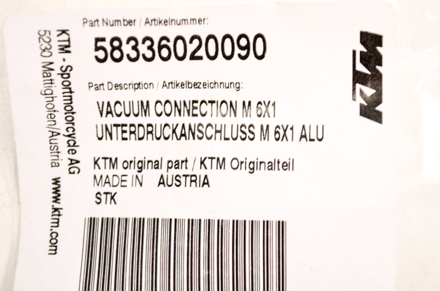 New OEM KTM Vacuum Connection 6x1 NOS