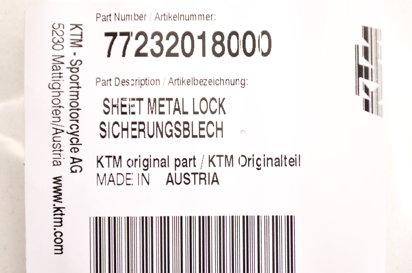 OEM KTM 77232018000 Sheet Metal Lock
