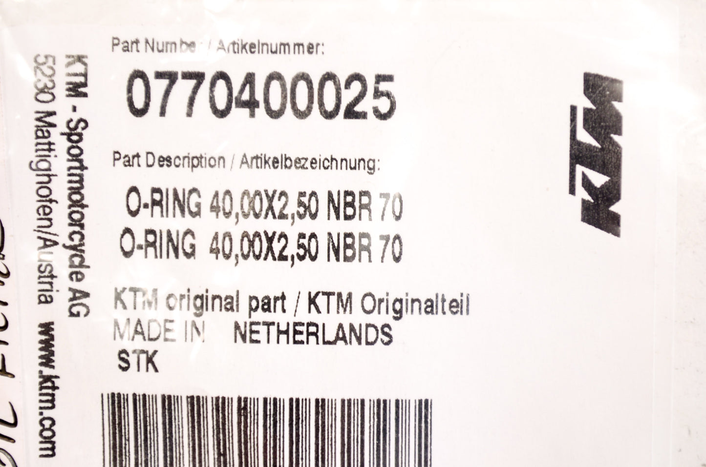 OEM KTM 0770400025 O-Ring 40.00X2.50 NBR 70 Qty 2 NOS