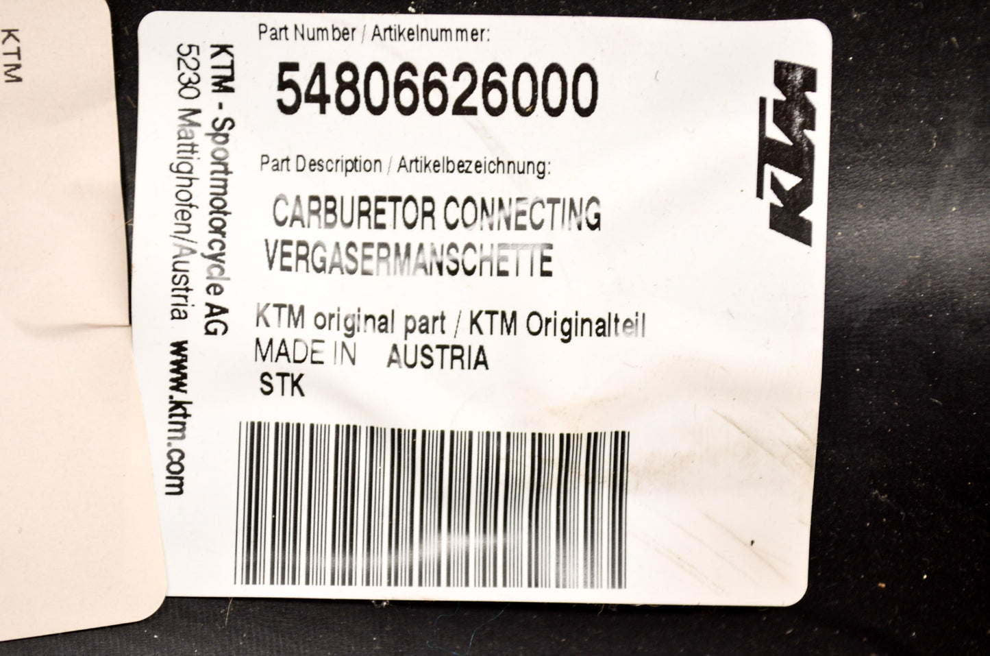 New OEM KTM Carburetor Connecting Duct NOS