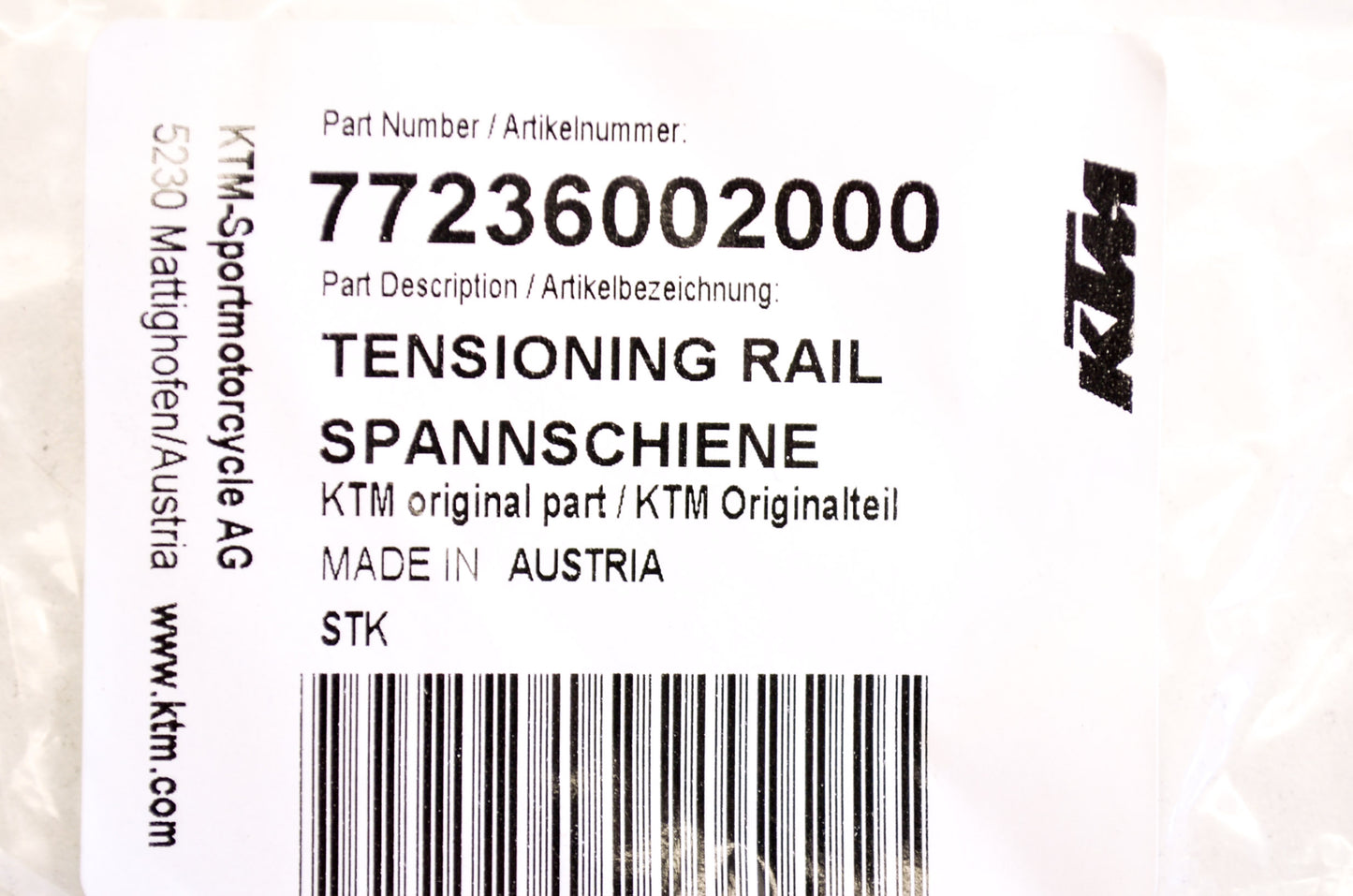 New OEM KTM 77236002000 Tensioning Rail NOS