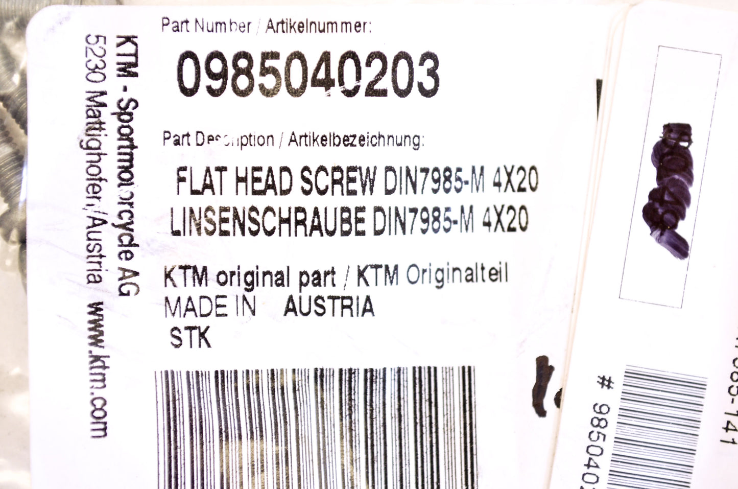 OEM KTM 985040203 Flat Head Screw DIN7985 M4X20 Qty 2 NOS