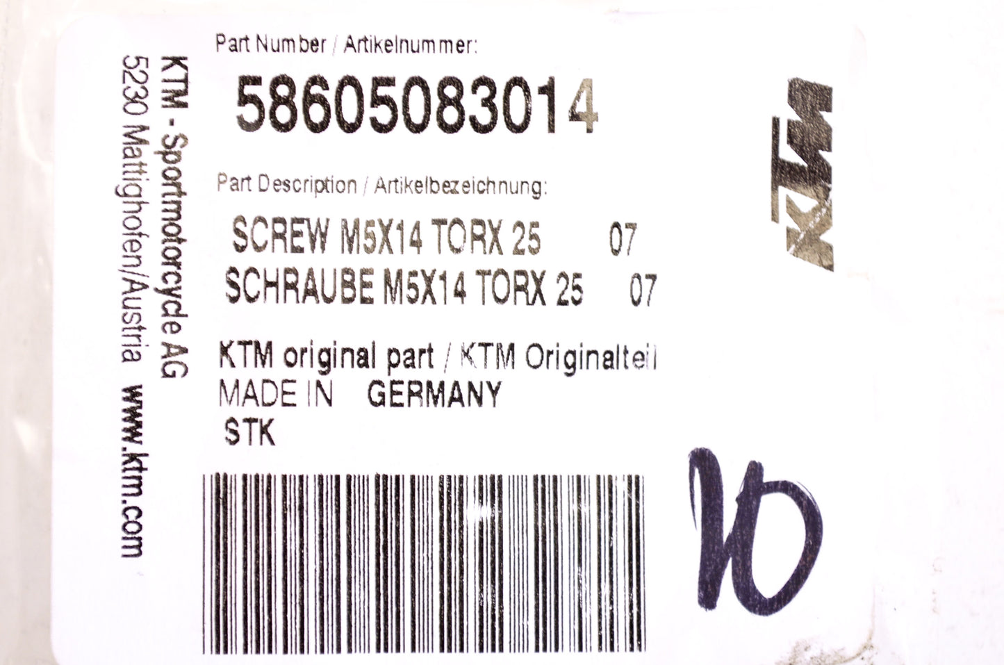OEM KTM 58605083014 Torx Screw 5X14 NOS