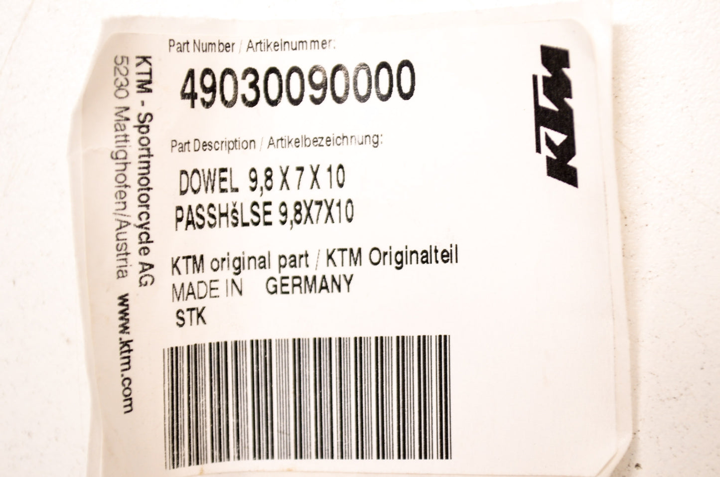 OEM KTM 49030090000 Dowel 9.8x7x10 NOS