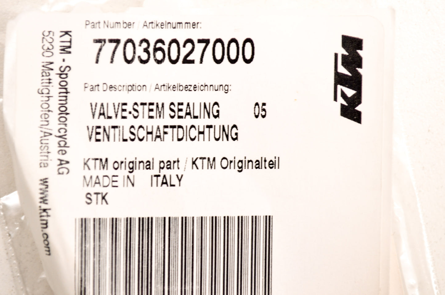 OEM KTM 77036027000 Stem Sealing Valve NOS