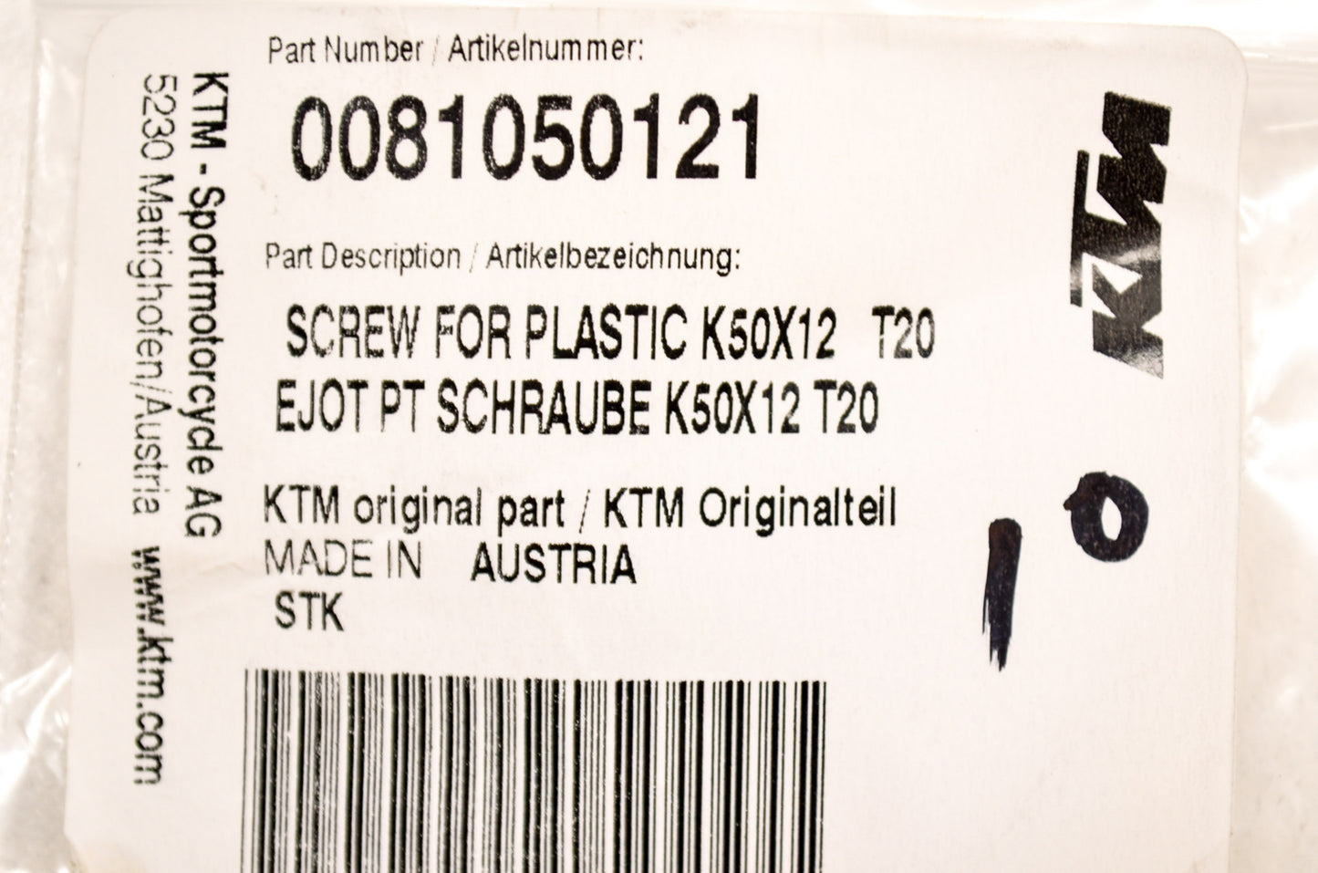 OEM KTM 81050121 Plastic Screw K50x12 Qty 2 NOS