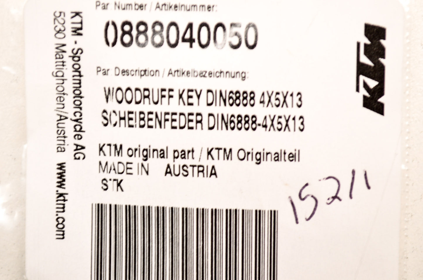 OEM KTM 888040050 Woodruff Key 4x5x13 NOS