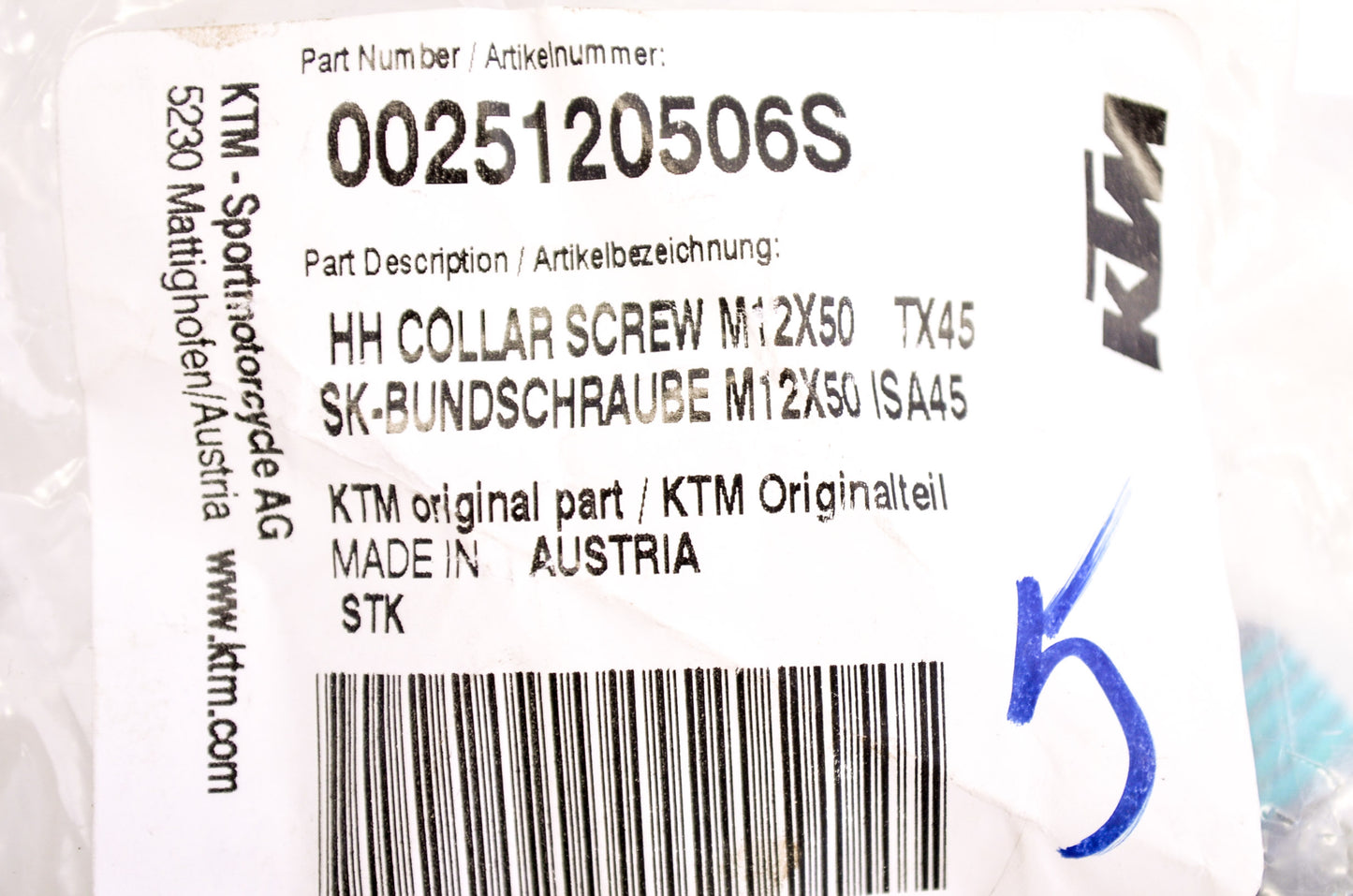 OEM KTM 0025120506S Hex Head Collar Screw M12X50 TX45 NOS