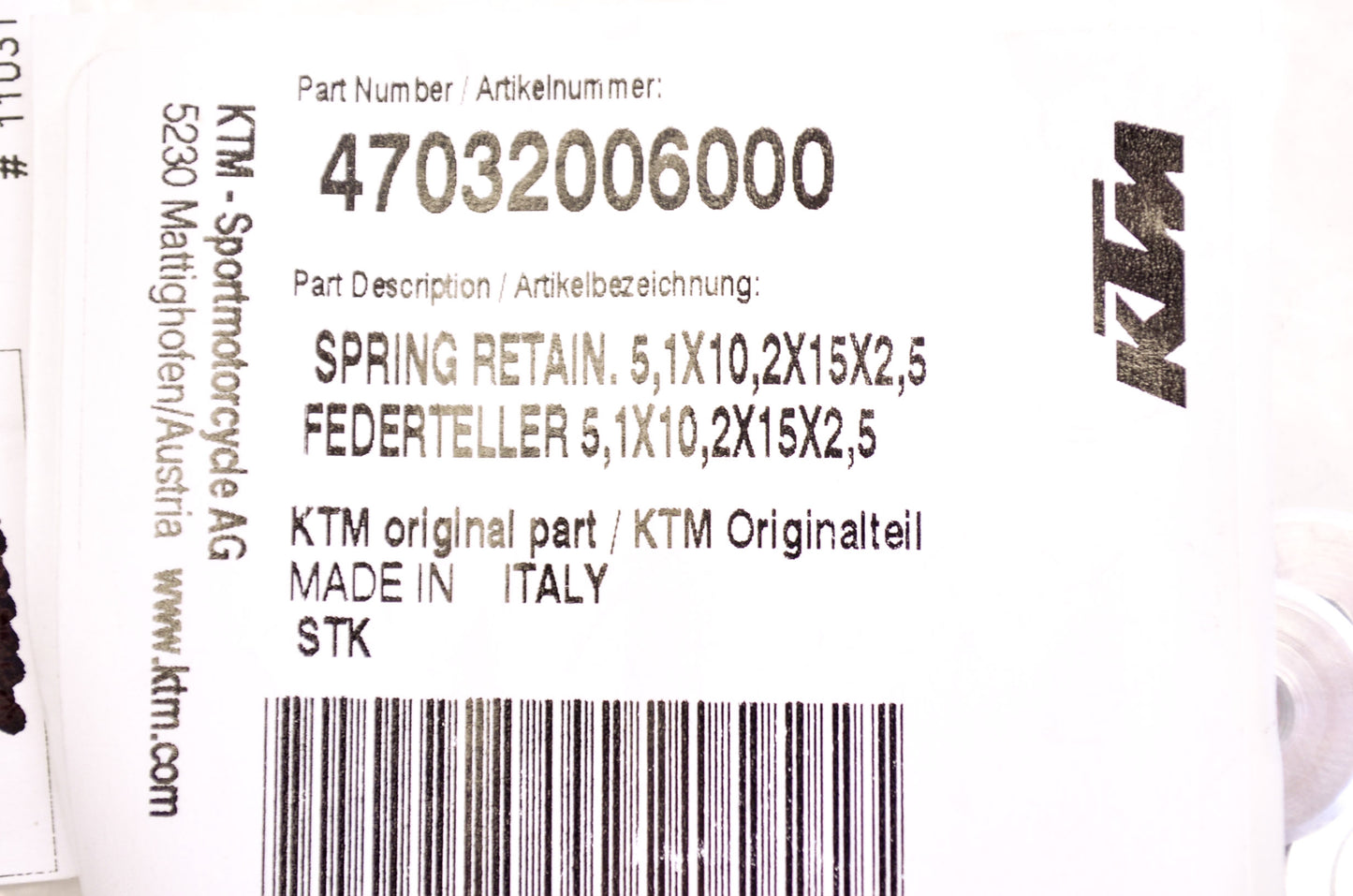OEM KTM 47032006000 Retainer Spring 5.1X10.2X15X2.5 NOS