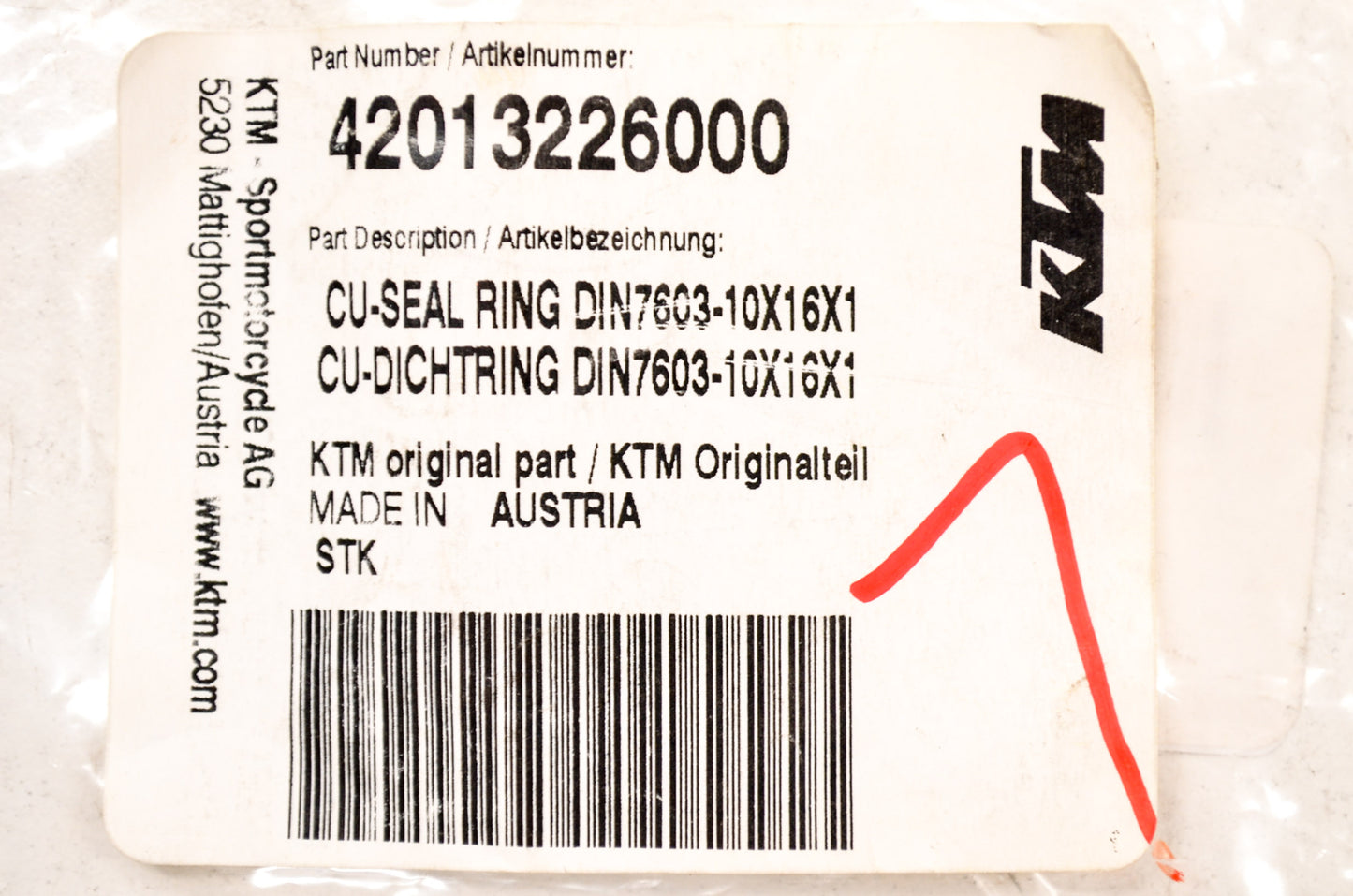 OEM KTM 42013226000 Copper Seal RIng DIN7603 10X16X1 NOS
