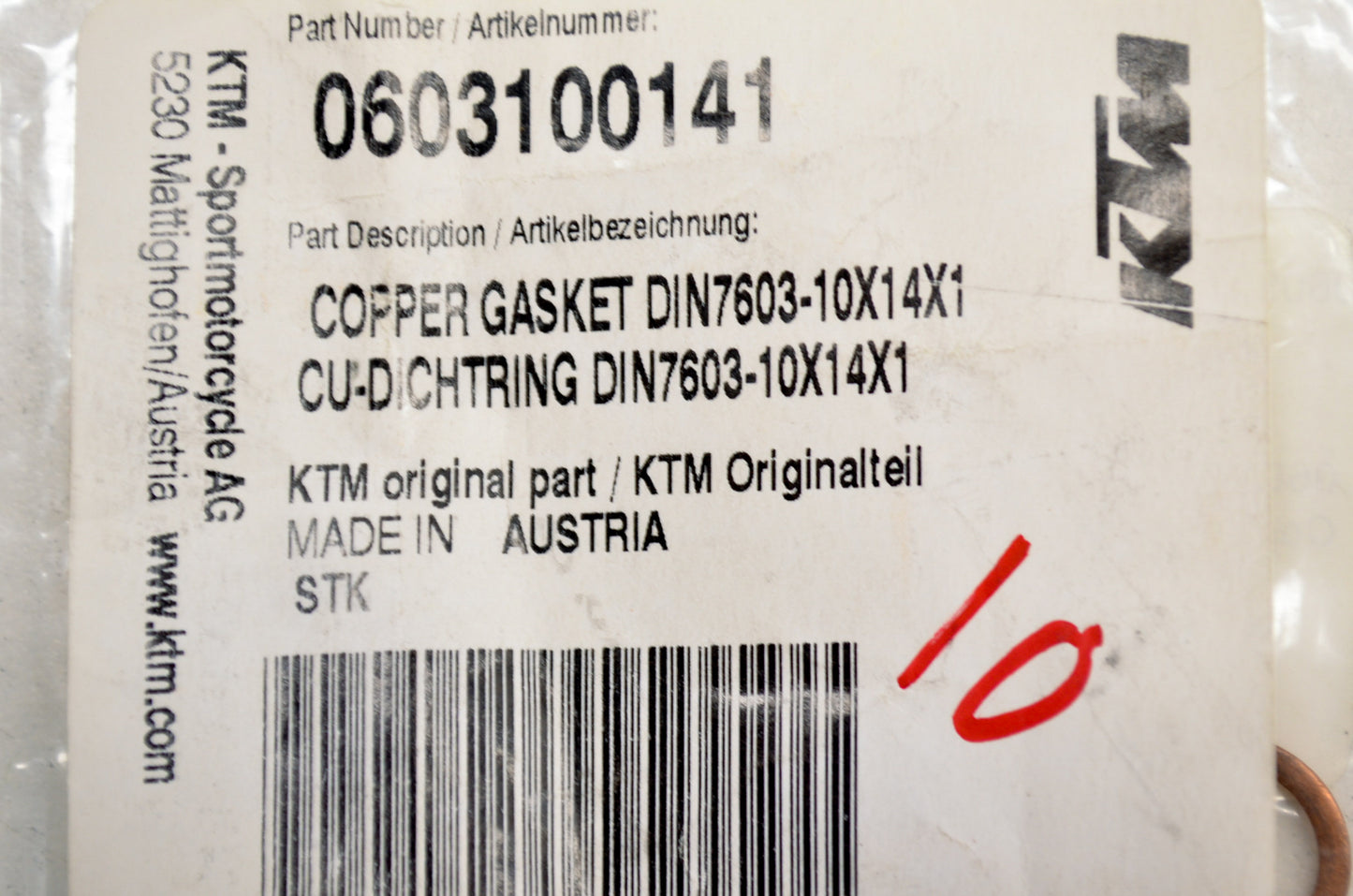 OEM KTM 0603100141 Copper Gasket 10x14x1 Qty 2 NOS