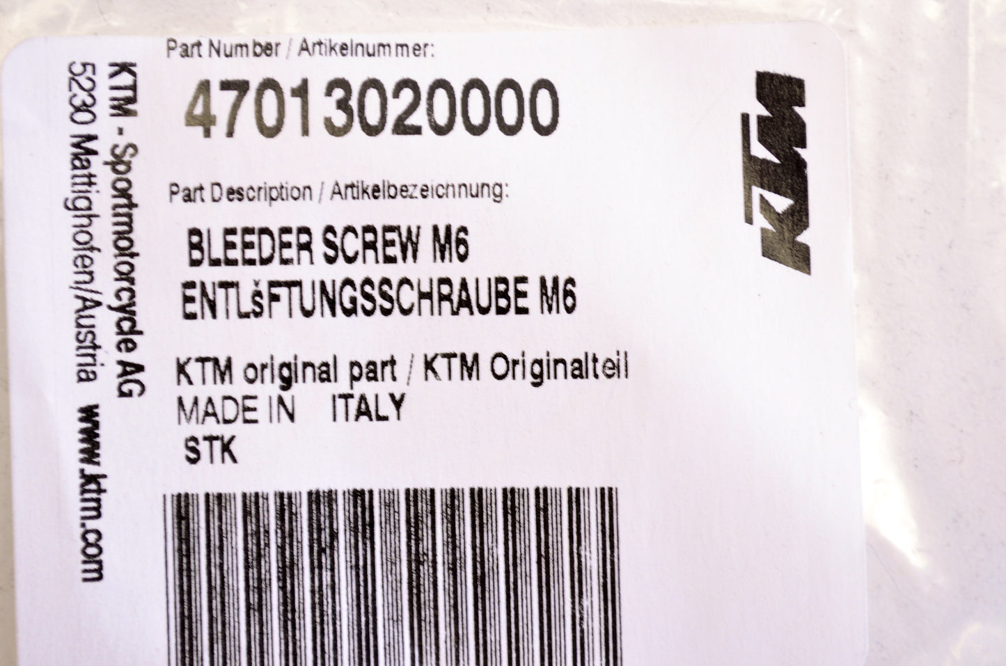 New OEM KTM Bleeder Screw M6 NOS