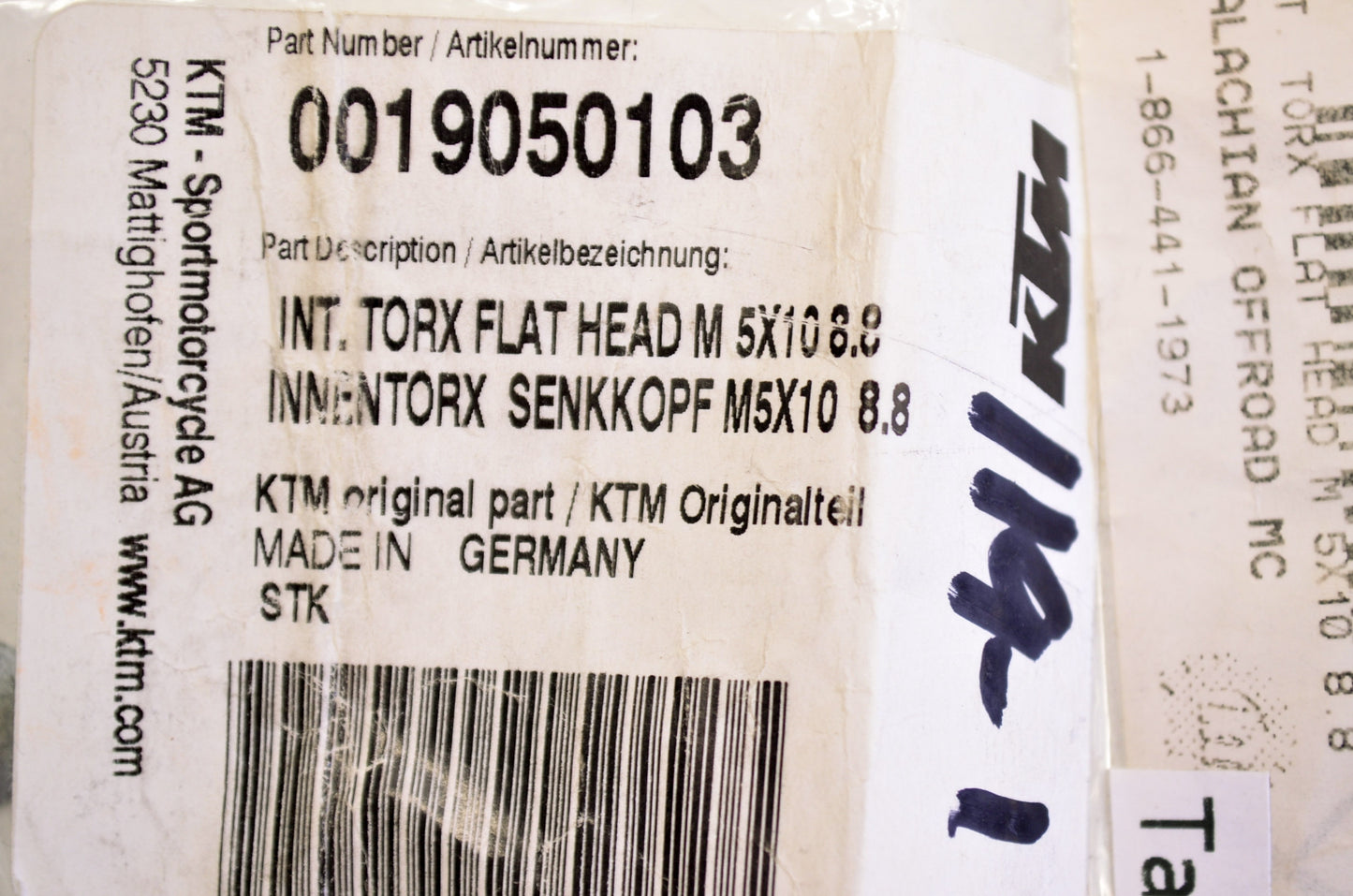 OEM KTM 19050103 Torx Flat Head Screw 5x10 Qty 2 NOS