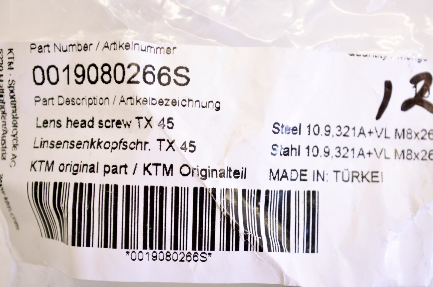 OEM KTM 0019080266S Counter Sunk Screw ISA45 M8X26 NOS