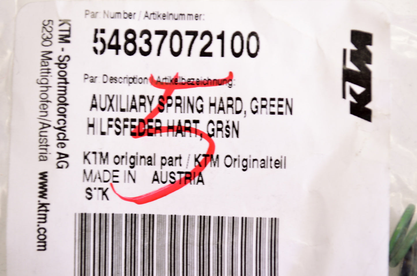 OEM KTM 54837072100 Green Hard Auxiliary Spring NOS