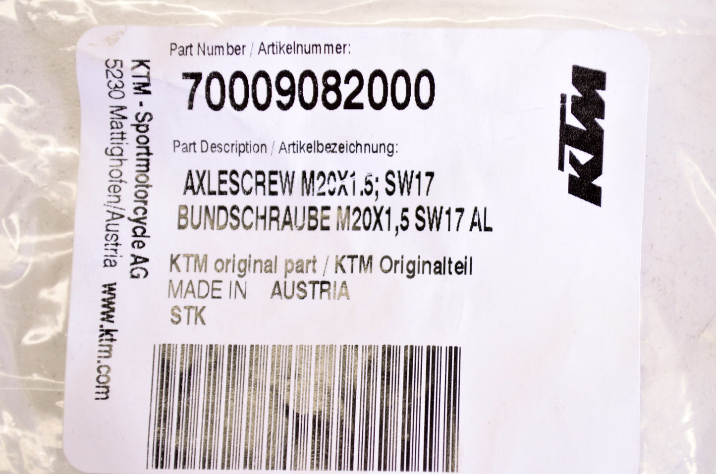OEM KTM 70009082000 Screw Axle M20x1.5 SW17 NOS