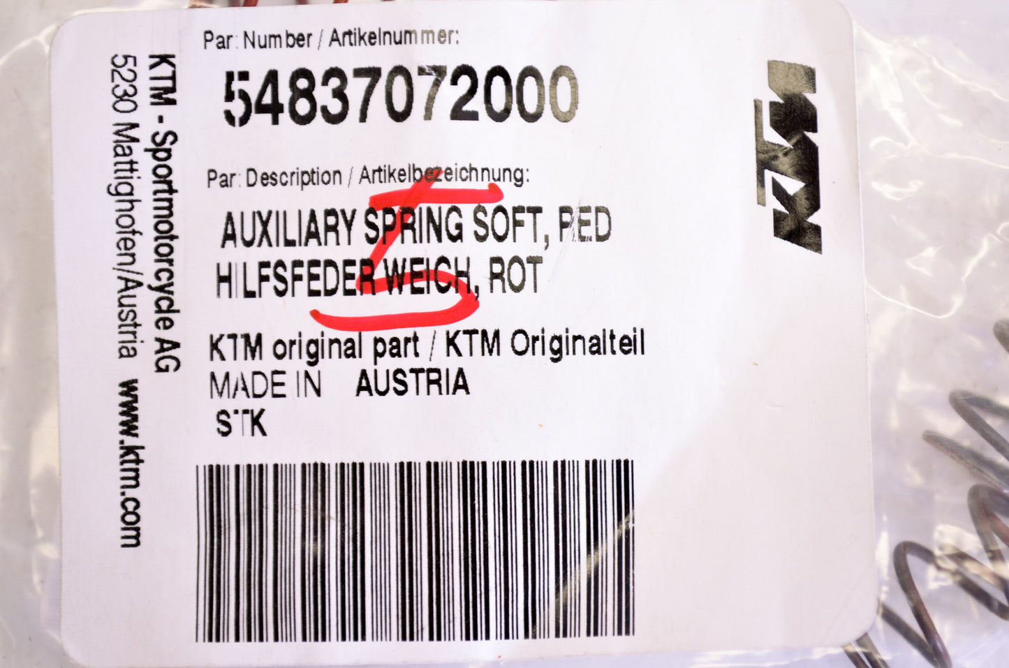 OEM KTM 54837072000 Red Soft Auxiliary Spring NOS