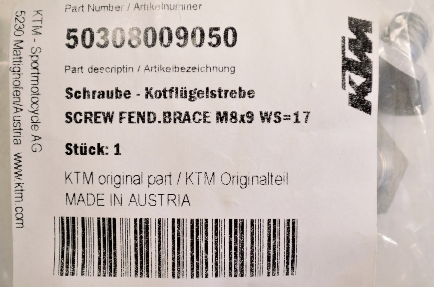OEM KTM 50308009050 Fender Brace Screw 8x9 NOS