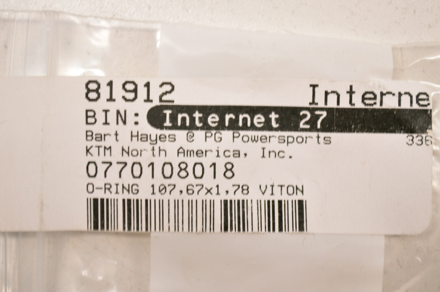 OEM KTM 770108018 Cylinder O-Ring 107.67x1.78 NOS