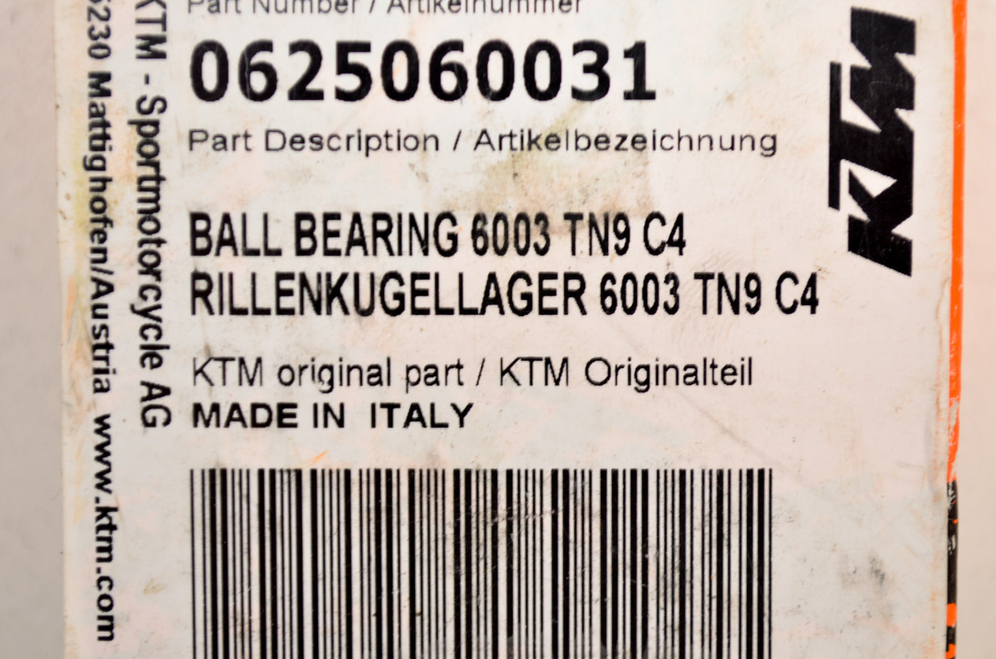 OEM KTM 625060031 Ball Bearing 6003 TN9 C4 NOS