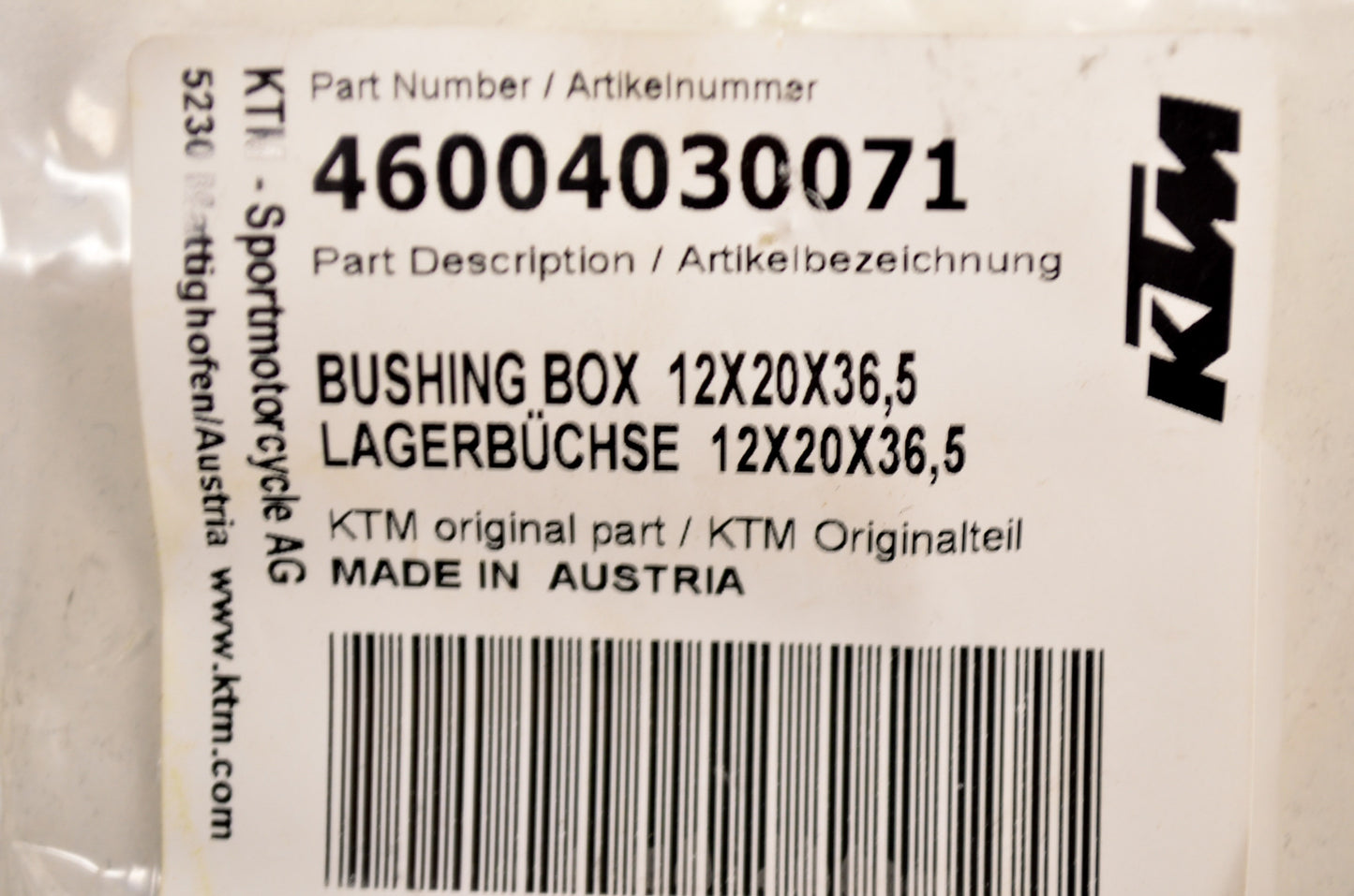 OEM KTM 46004030071 Box Bushing 12X20X36.5 NOS